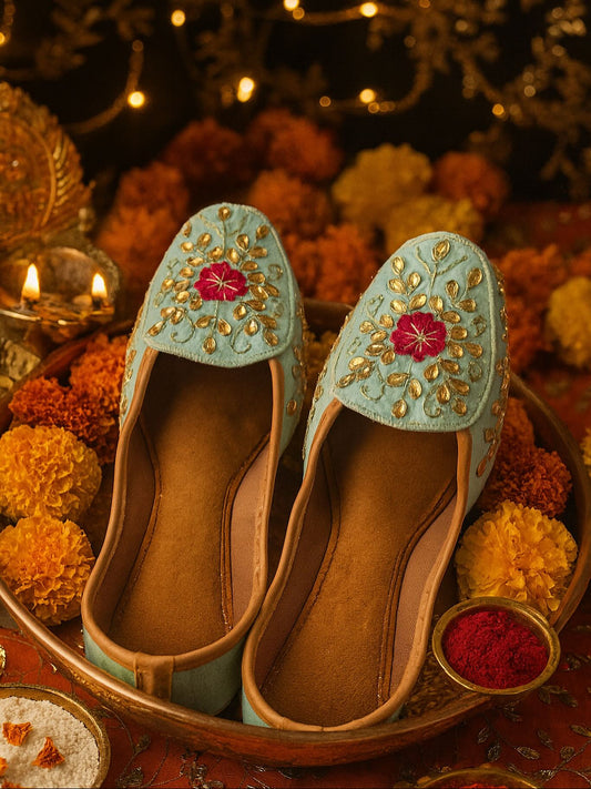 Turquoise Blue Festive Jutti Loafers with Mirror & Zardozi Work