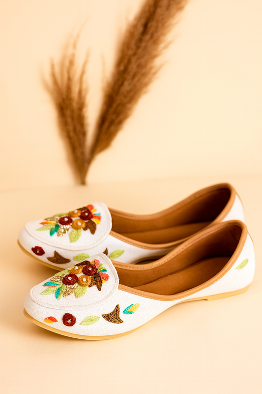 Autumn Bloom Embroidered White Jutti Loafers | Handcrafted Everyday Comfort