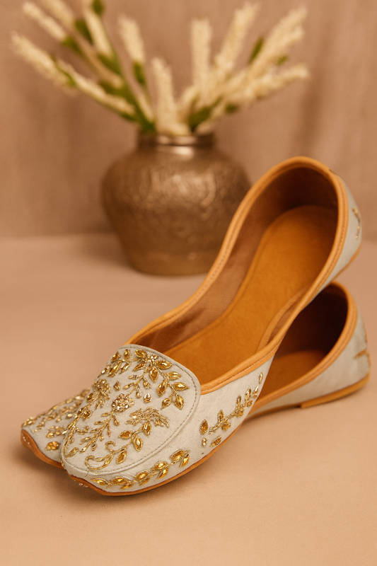 Champagne Gold Embroidered Jutti Loafers for Women – Mirror & Zari Work | Festive Ethnic Footwear