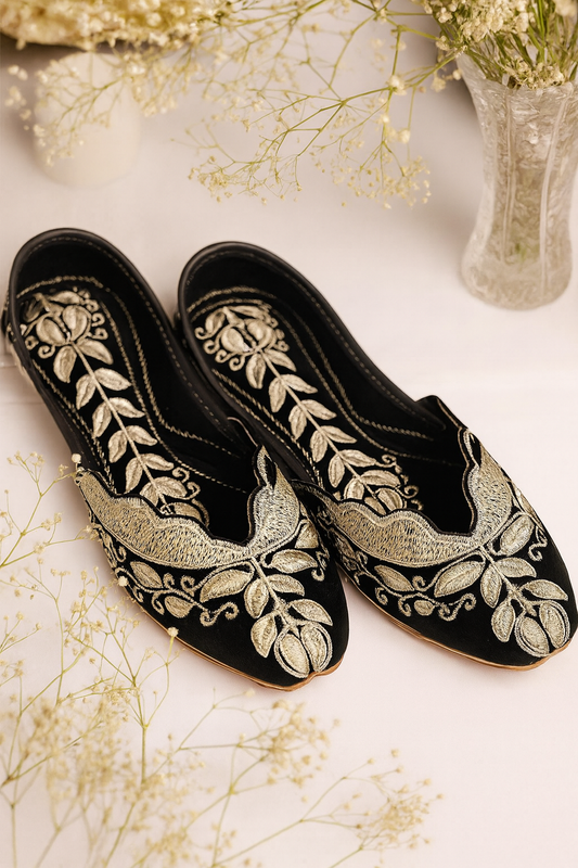 Black Velvet Juttis with Antique Gold Zari Embroidery | Floral Festive Flats for Women