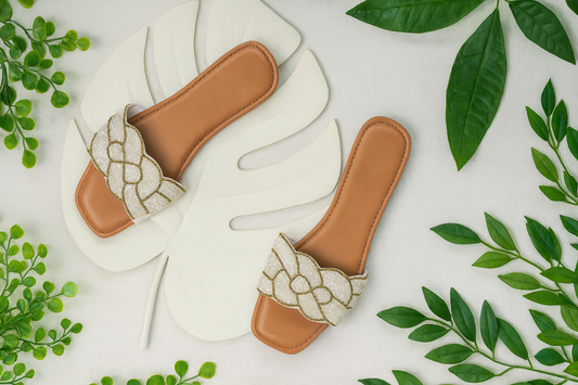 Ivory Braided Luxe Sliders – Pearl Beaded Elegance with Gold Accents | Effortless Glam