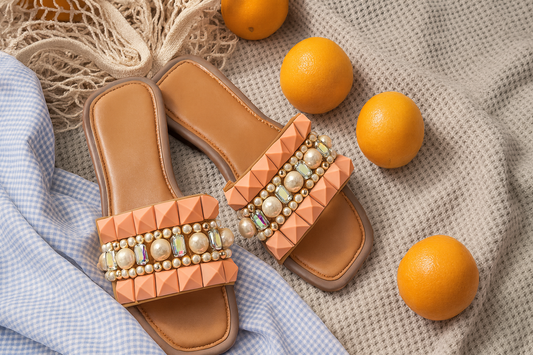 Peach Luxe Sliders – Studded Beads & Crystal Embellishments | Glam Summer Flats