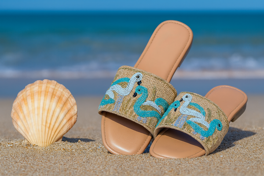 Coastal Flamingo Embroidered Sliders – Blue & White Bead Detailing | Beach-Inspired Flats