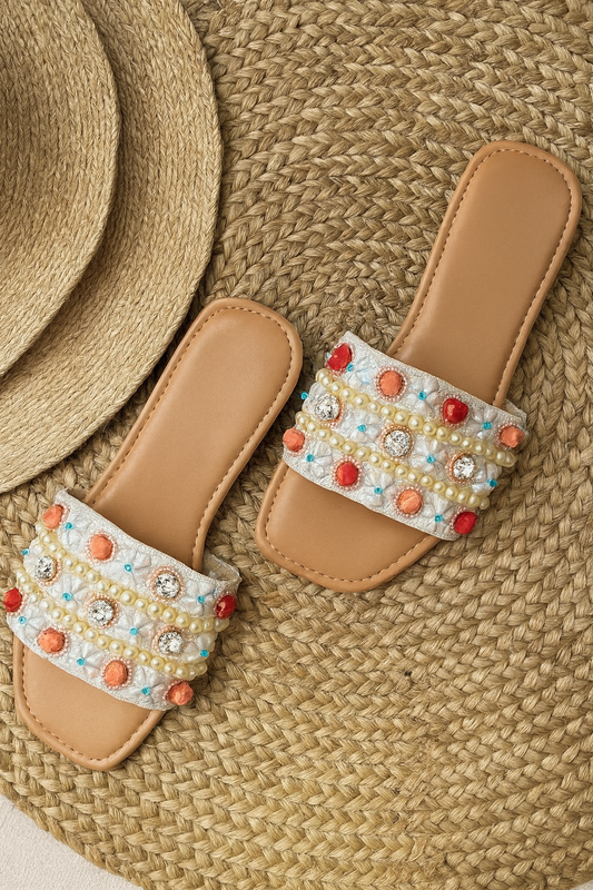 Coral Charm Embellished Sliders – Beaded Pearls & Mirror Work | Handcrafted Festive Flats