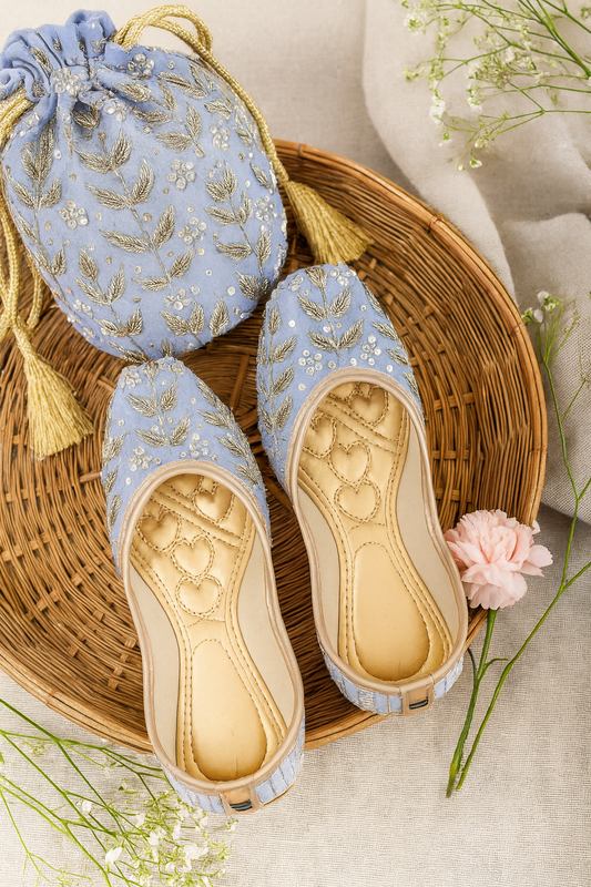 Dusty Blue Embroidered Jutti for Women – Handcrafted Sequin Leaf Work