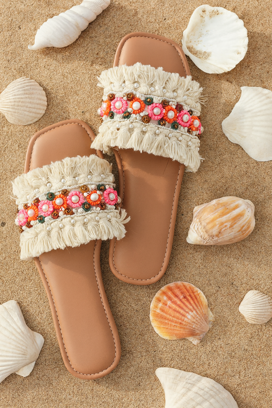 Boho Beach Fringe Flats for Women – Handcrafted Embellished Sliders