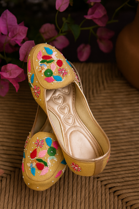 Mustard Multicolor Embroidered Jutti Loafers for Women – Handcrafted Festive Footwear