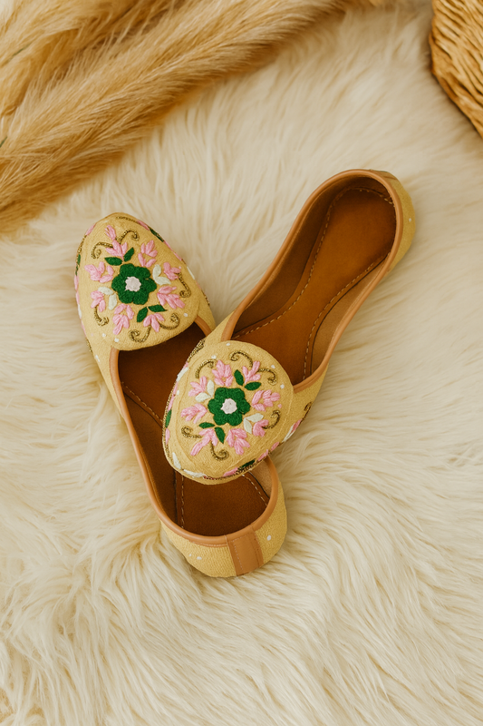 Yellow Floral Embroidered Jutti Loafers for Women – Handcrafted Ethnic Footwear