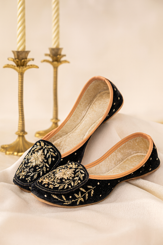 Black Velvet Embroidered Jutti Loafers for Women – Golden Zari Floral Work | Party & Festive Footwear
