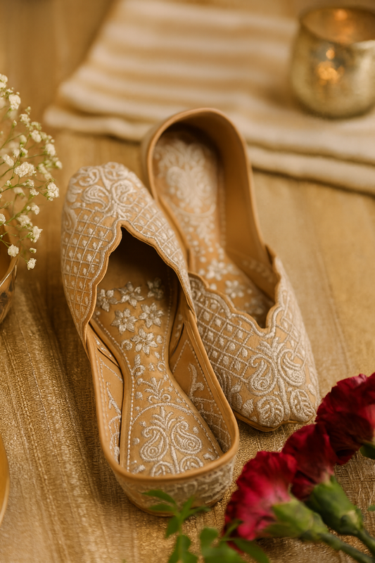 Golden Royal Juttis – Antique Gold Thread Embroidery with Floral & Jaali Design