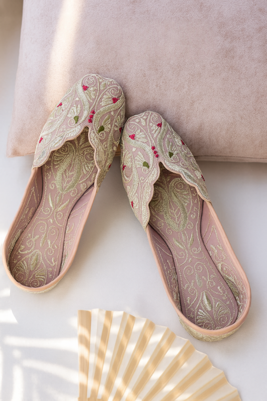 Blush Pink Jutti for Women – Golden Thread & Floral Embroidery | Designer Ethnic Footwear