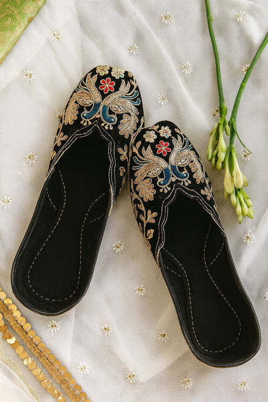 Black Velvet Peacock Embroidered Jutti – Zari & Thread Work | Festive Ethnic Footwear