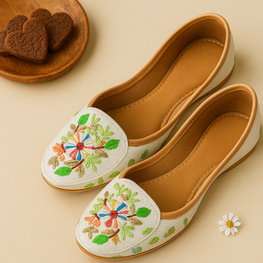 Ivory Loafers for Women – Colorful Hand Embroidery & Leaf Motifs | Casual Ethnic Footwear