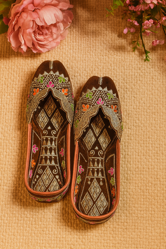 Vintage Brown Jutti – Multicolor Floral & Geometric Zari Embroidery | Handcrafted Ethnic Footwear