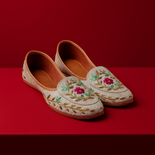 Beige Embroidered Jutti Loafers for Women – Maroon Floral & Golden Leaf Detailing | Handcrafted Everyday Wear