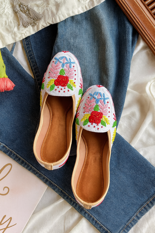 White Floral Jutti Loafers for Women – Multicolor Leaf & Red Flower Embroidery