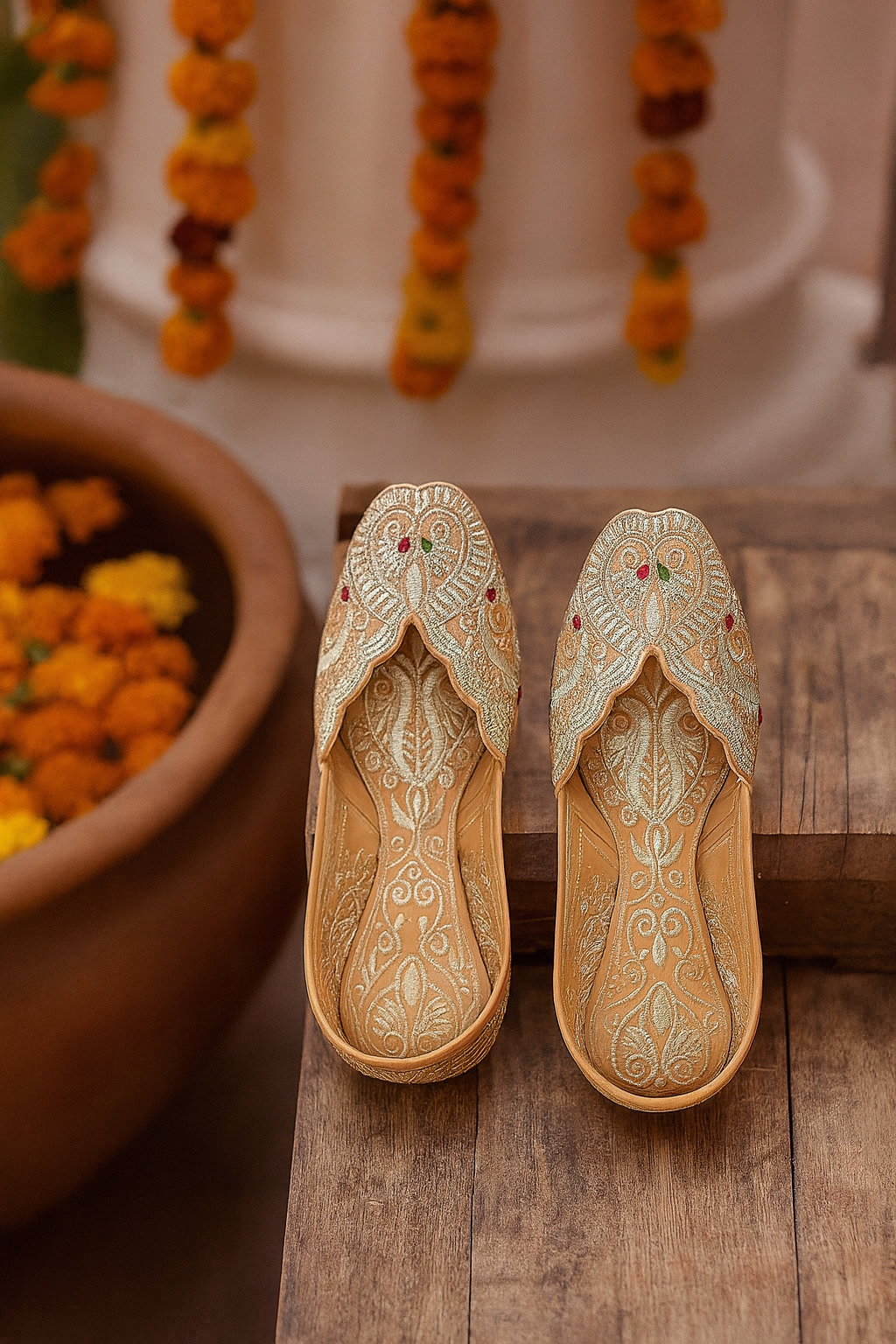 Golden Ethnic Juttis with Intricate Zari & Thread Embroidery | Wedding Flats for Women