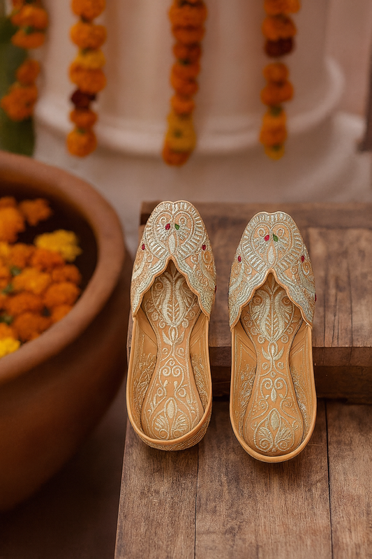 Golden Ethnic Juttis with Intricate Zari & Thread Embroidery | Wedding Flats for Women