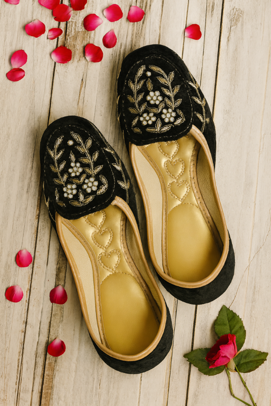 Black Velvet Embroidered Loafers for Women – Golden Zari & Pearl Floral Work | Elegant Festive Footwear