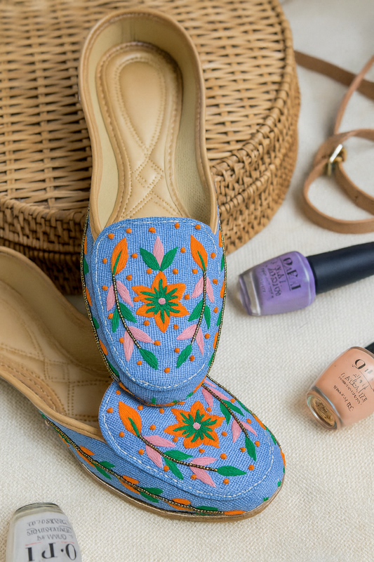 Sky Blue Floral Loafers for Women – Orange & Pink Embroidery | Handcrafted Casual Footwear